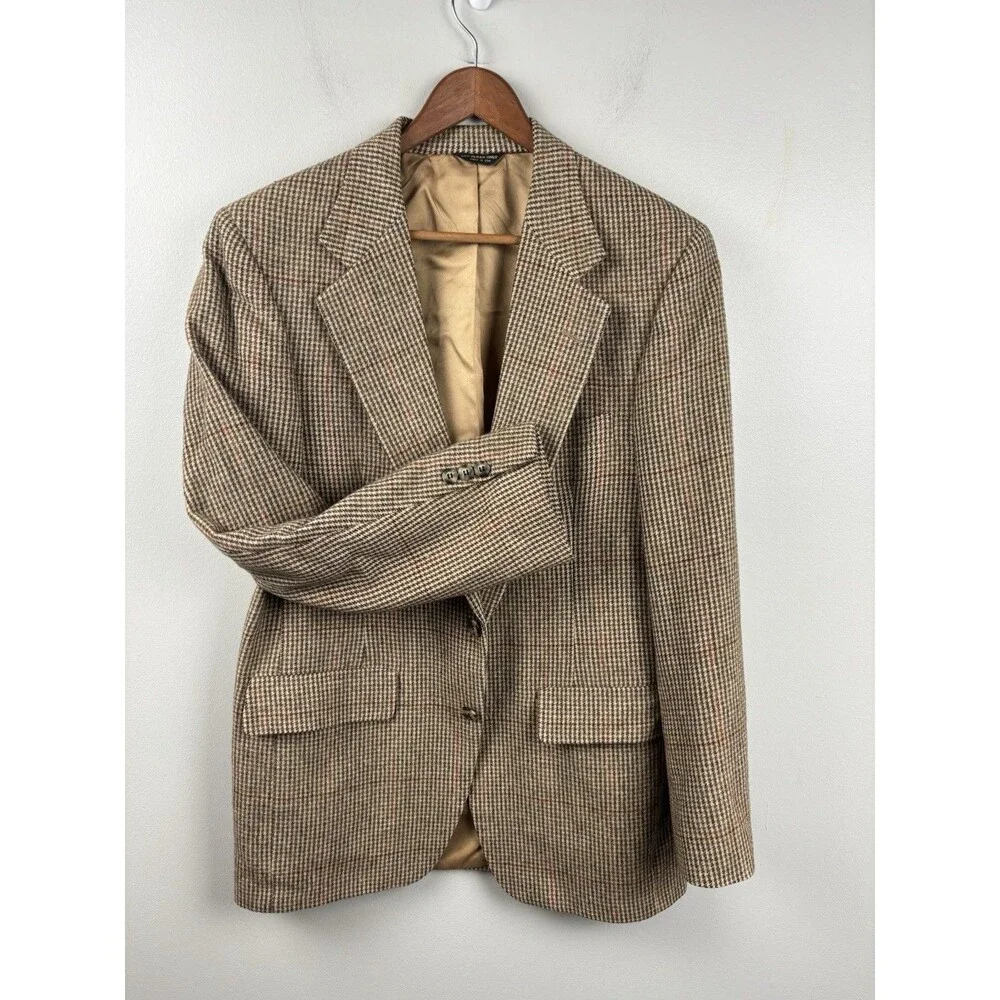 Vintage Orvis 100% Camel Hair Blazer Men's 38R Houndstooth Plaid Sport Coat